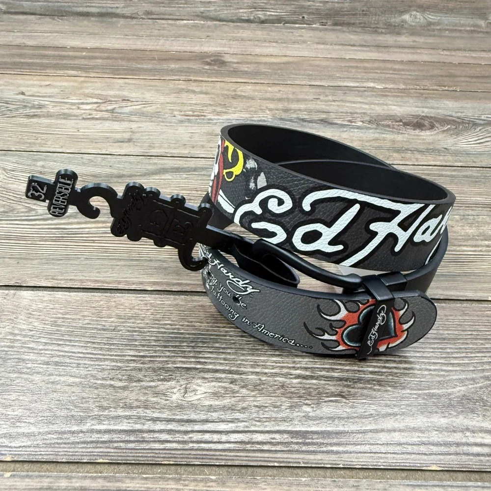 Ed Hardy Mens Size 32 Reversible Belt Black Grey Tattoo Graphic Skull NWT